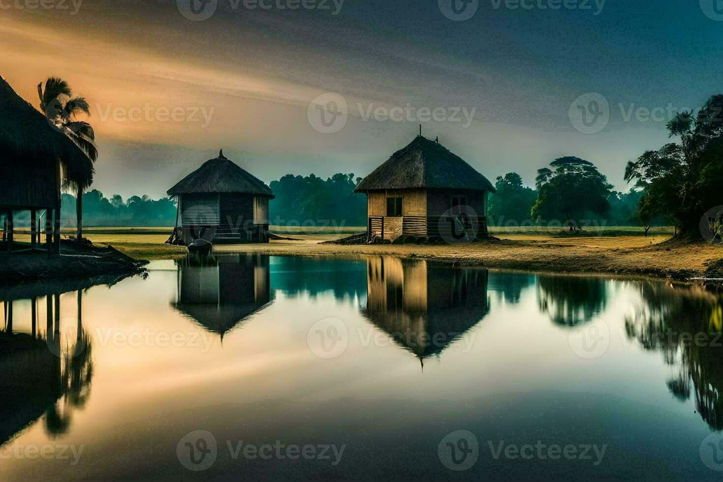 drei Hütten sitzen auf das Ufer von ein See. KI-generiert foto