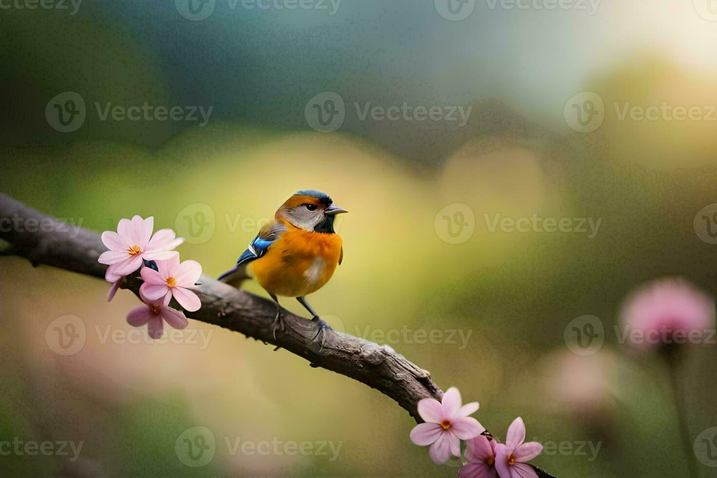 ein Vogel sitzt auf ein Ast mit Rosa Blumen. KI-generiert foto