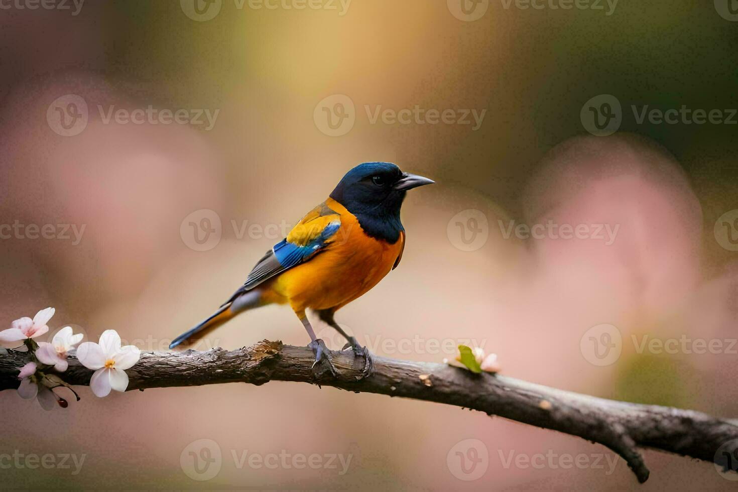 ein Vogel Sitzung auf ein Ast mit Blumen im das Hintergrund. KI-generiert foto