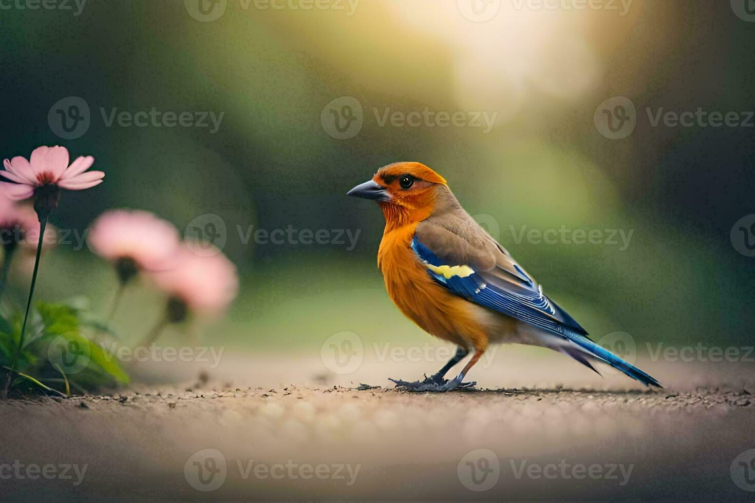 ein klein Vogel ist Stehen auf das Boden in der Nähe von Rosa Blumen. KI-generiert foto