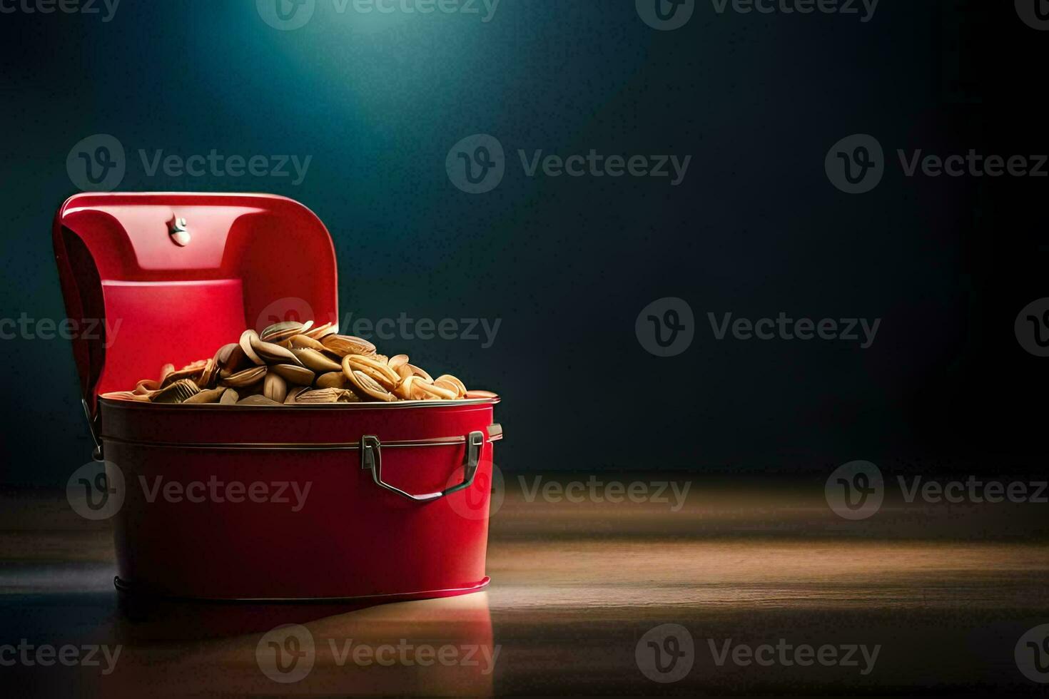 ein rot Zinn gefüllt mit Erdnüsse auf ein hölzern Tisch. KI-generiert foto