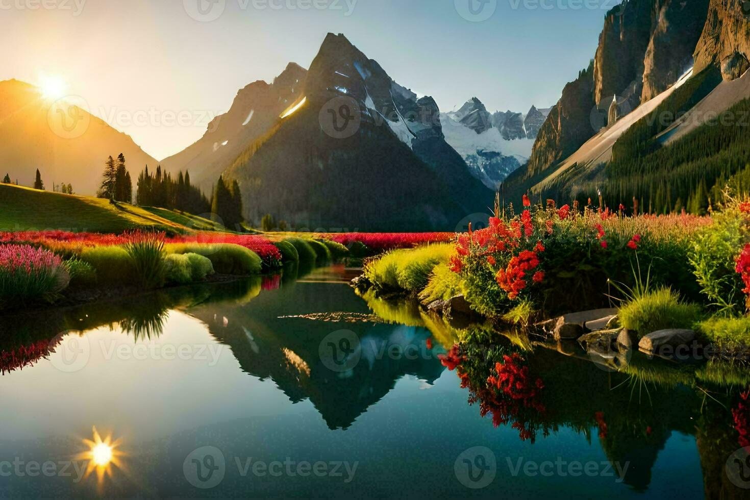 das Sonne scheint Über ein Berg Angebot mit Blumen und Gras. KI-generiert foto