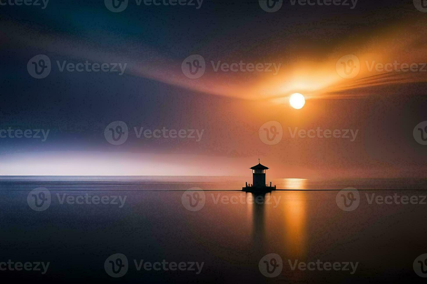 ein Leuchtturm im das Mitte von das Ozean beim Nacht. KI-generiert foto