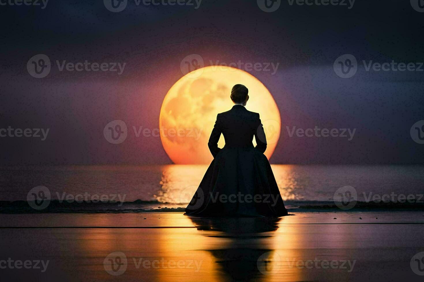 ein Frau im ein lange Kleid steht auf das Strand suchen beim das voll Mond. KI-generiert foto