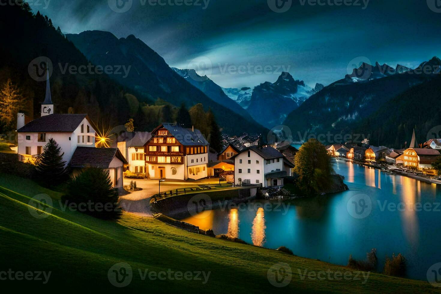 Foto Hintergrund das Himmel, Berge, See, Haus, das Dorf, das See, das Berge. KI-generiert