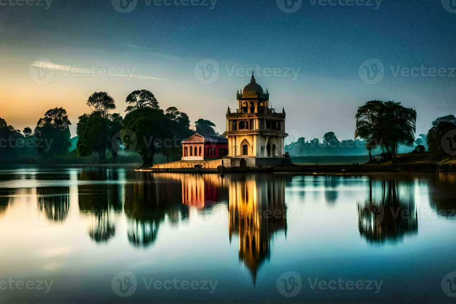 ein klein Tempel sitzt auf das Ufer von ein See. KI-generiert foto