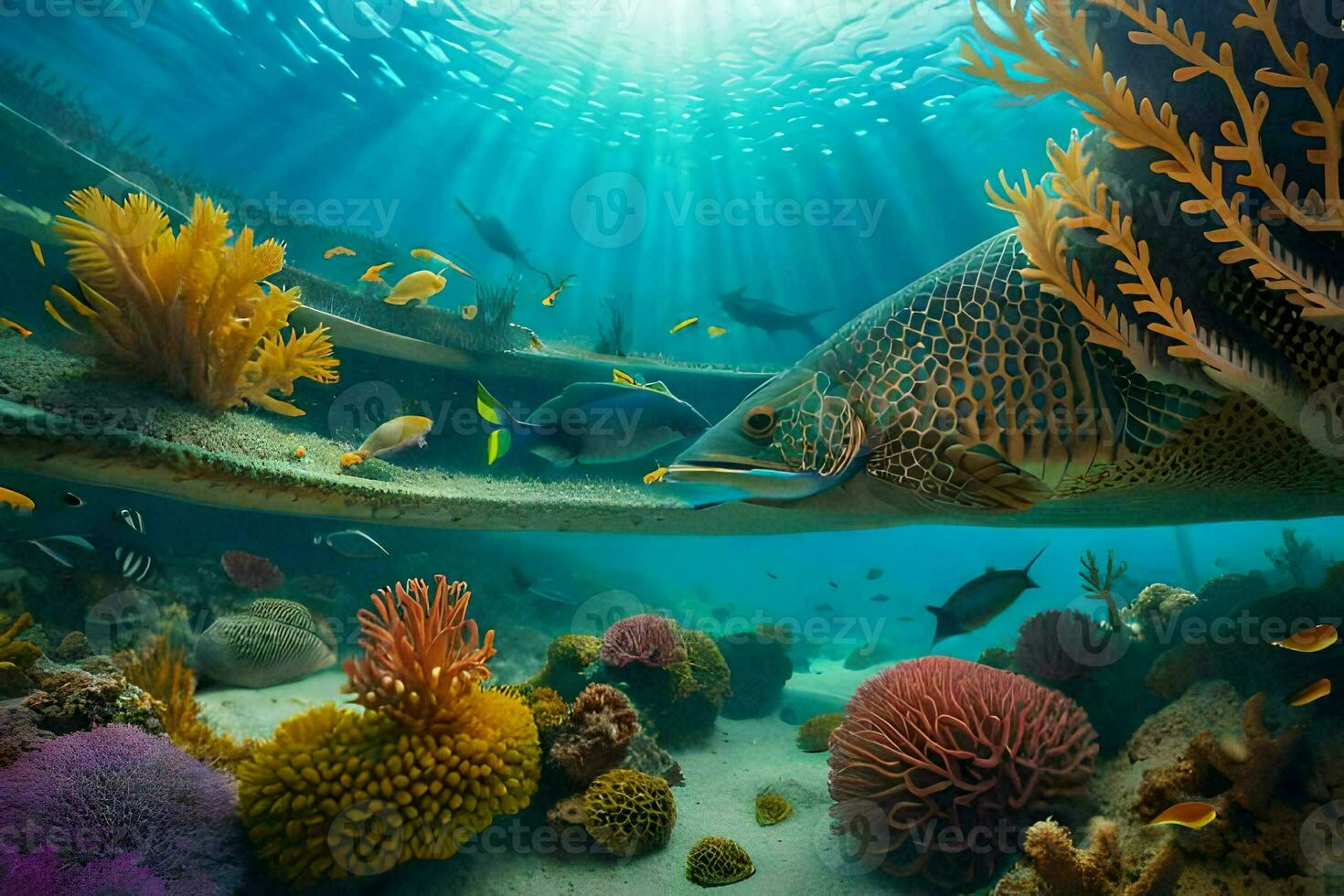 ein Fisch Schwimmen im das Ozean mit Koralle Riffe. KI-generiert foto
