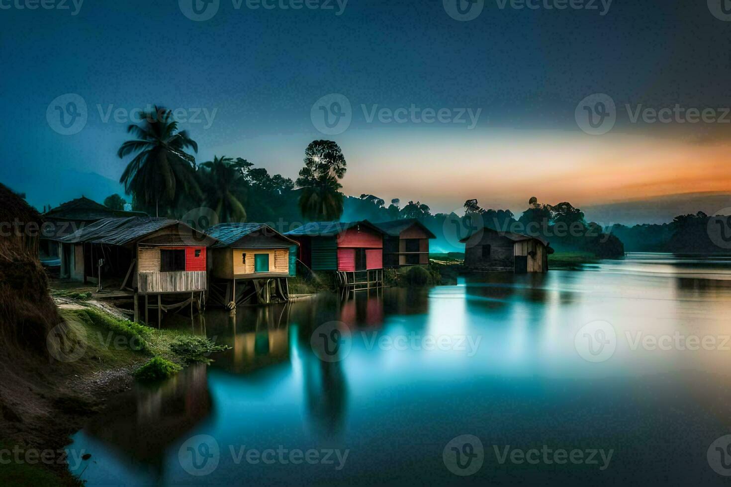 Häuser auf das Fluss beim Sonnenuntergang. KI-generiert foto
