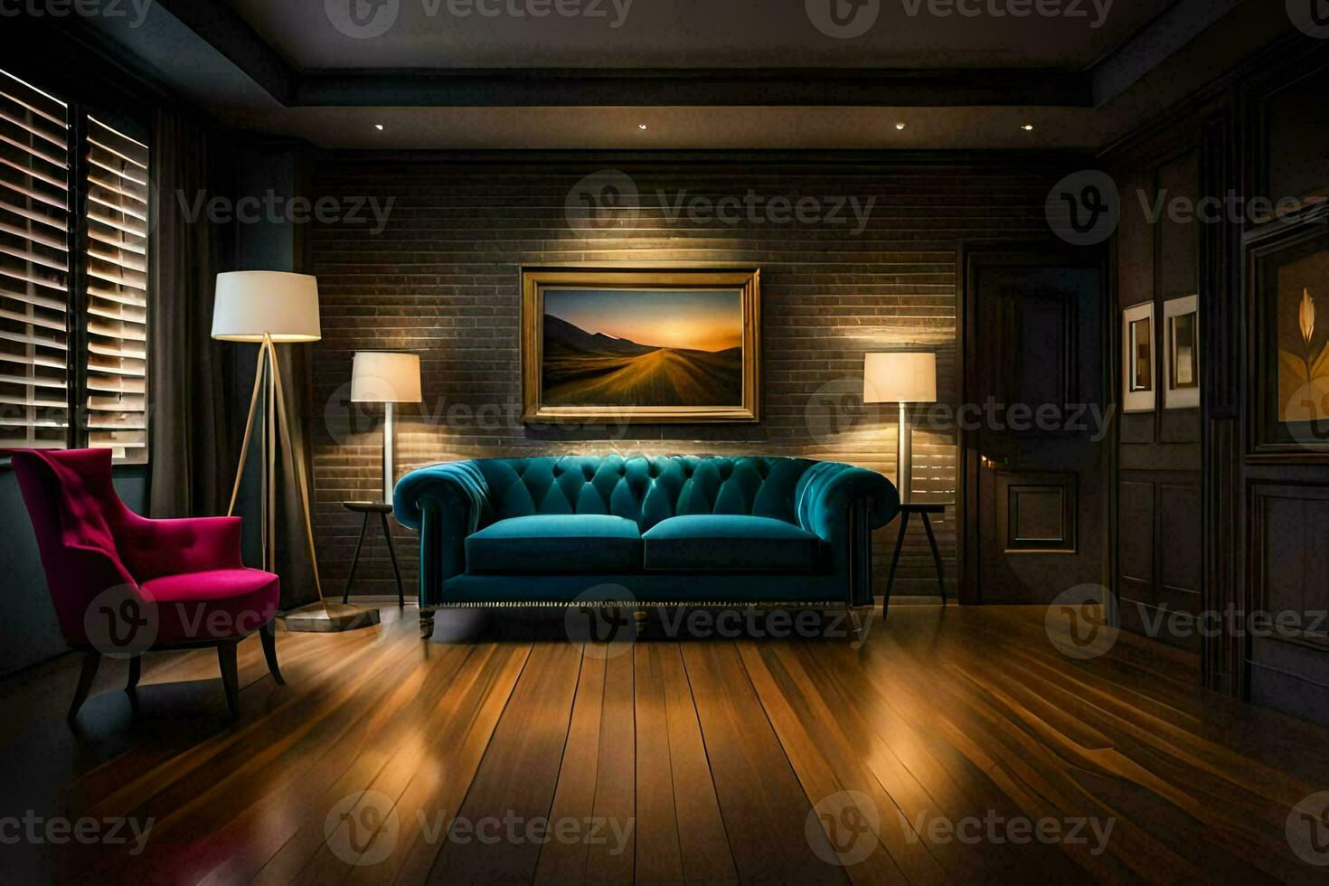 ein Leben Zimmer mit ein Blau Couch und ein Lampe. KI-generiert foto