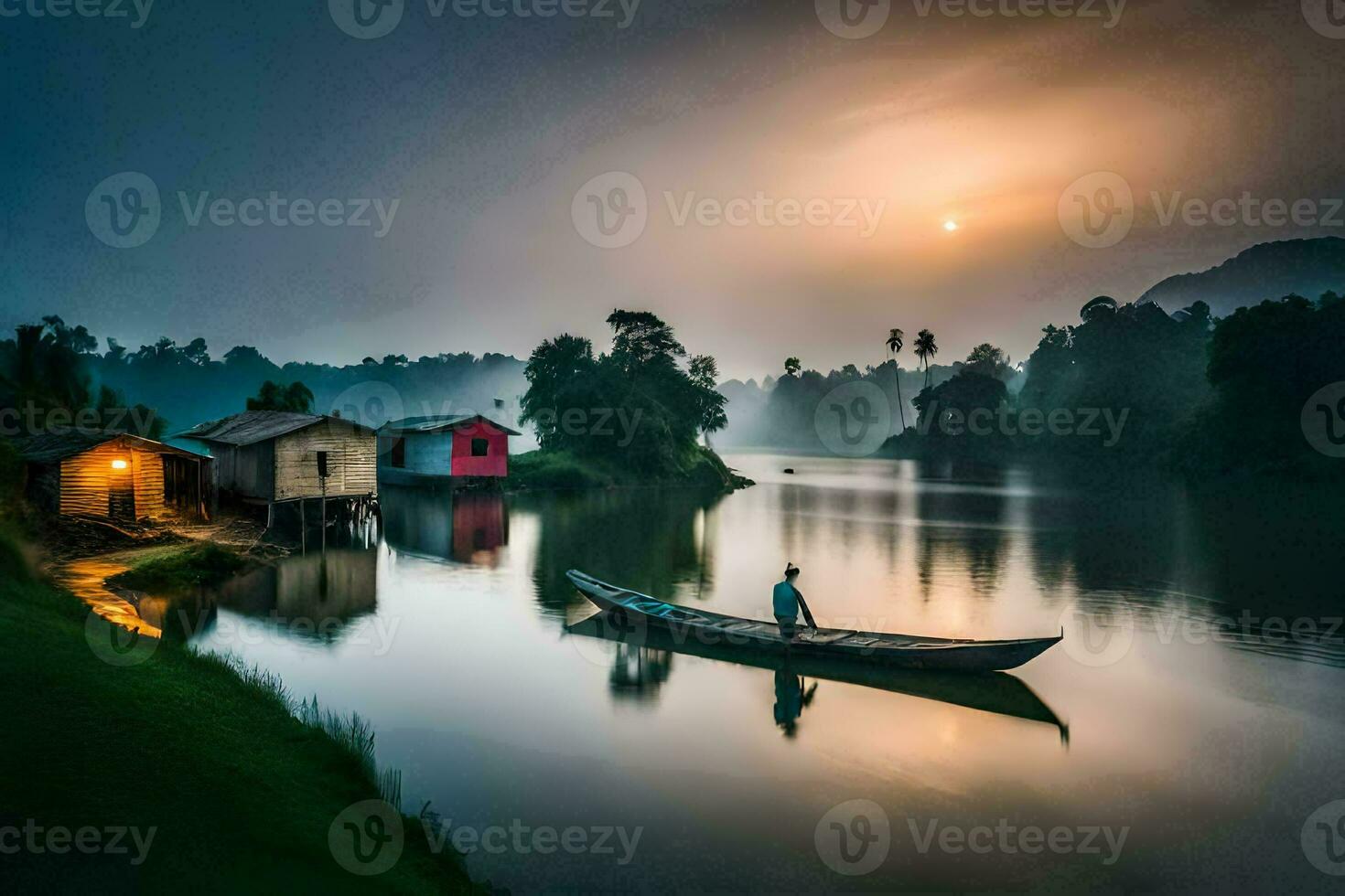 ein Mann im ein Boot auf das Fluss beim Sonnenaufgang. KI-generiert foto