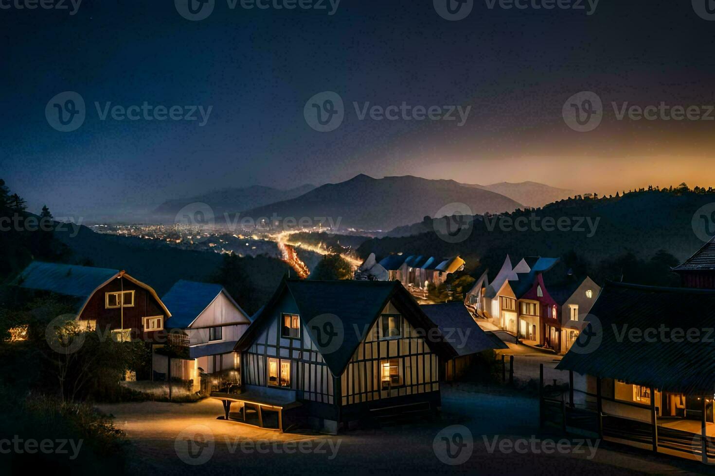 Foto Hintergrund das Himmel, Nacht, Berge, Häuser, Beleuchtung, das Dorf, das Stadt,. KI-generiert