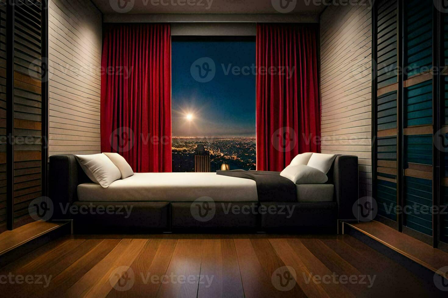 ein Schlafzimmer mit ein Bett und ein Fenster mit Blick auf das Stadt. KI-generiert foto