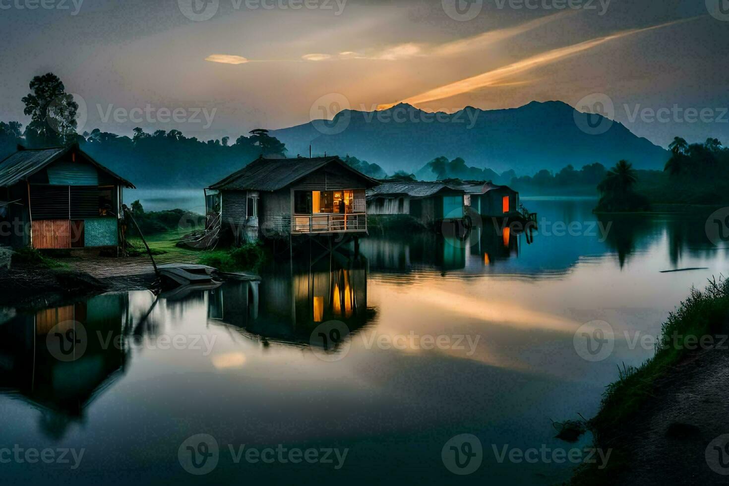 Foto Hintergrund das Himmel, Berge, Wasser, Haus, das See, das Berge, das See. KI-generiert