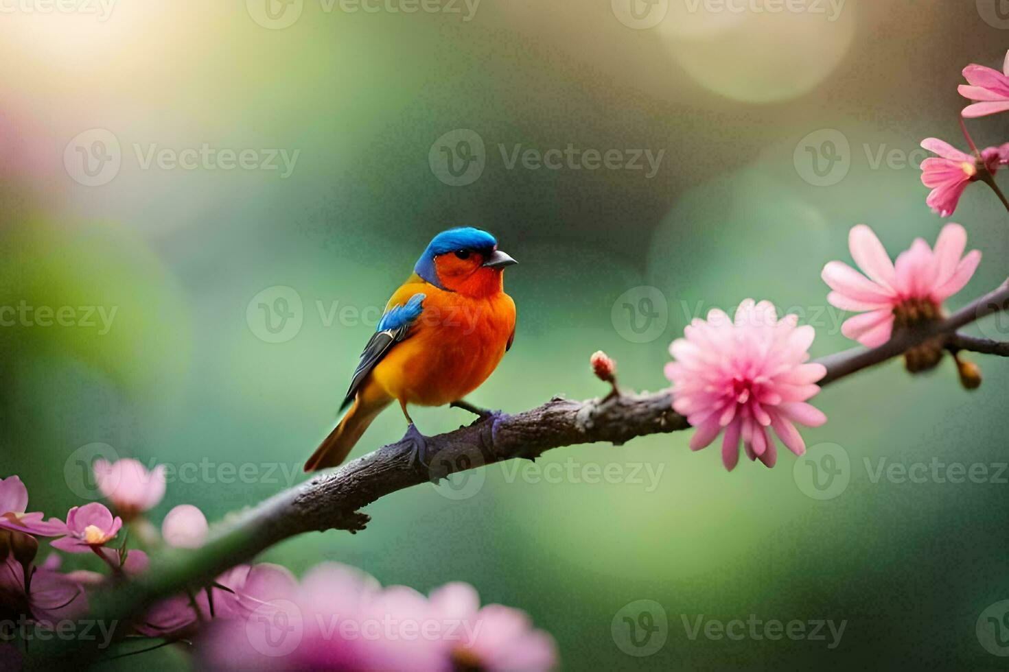 Foto Hintergrund das Himmel, Blumen, Vögel, Frühling, das Vogel, Frühling, das Vogel Hintergrund. KI-generiert