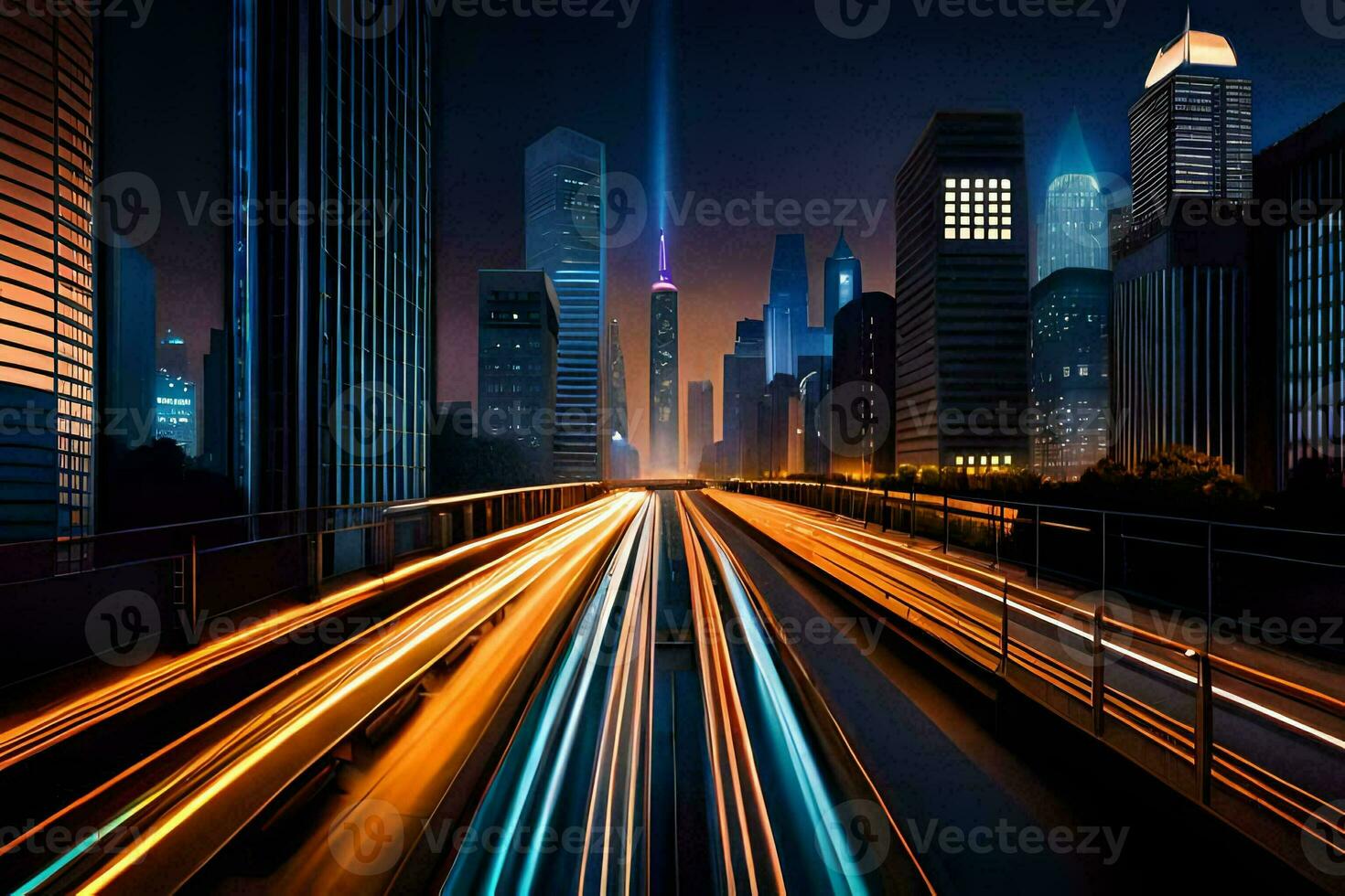 ein Stadt beim Nacht mit der Verkehr Beleuchtung und Gebäude. KI-generiert foto