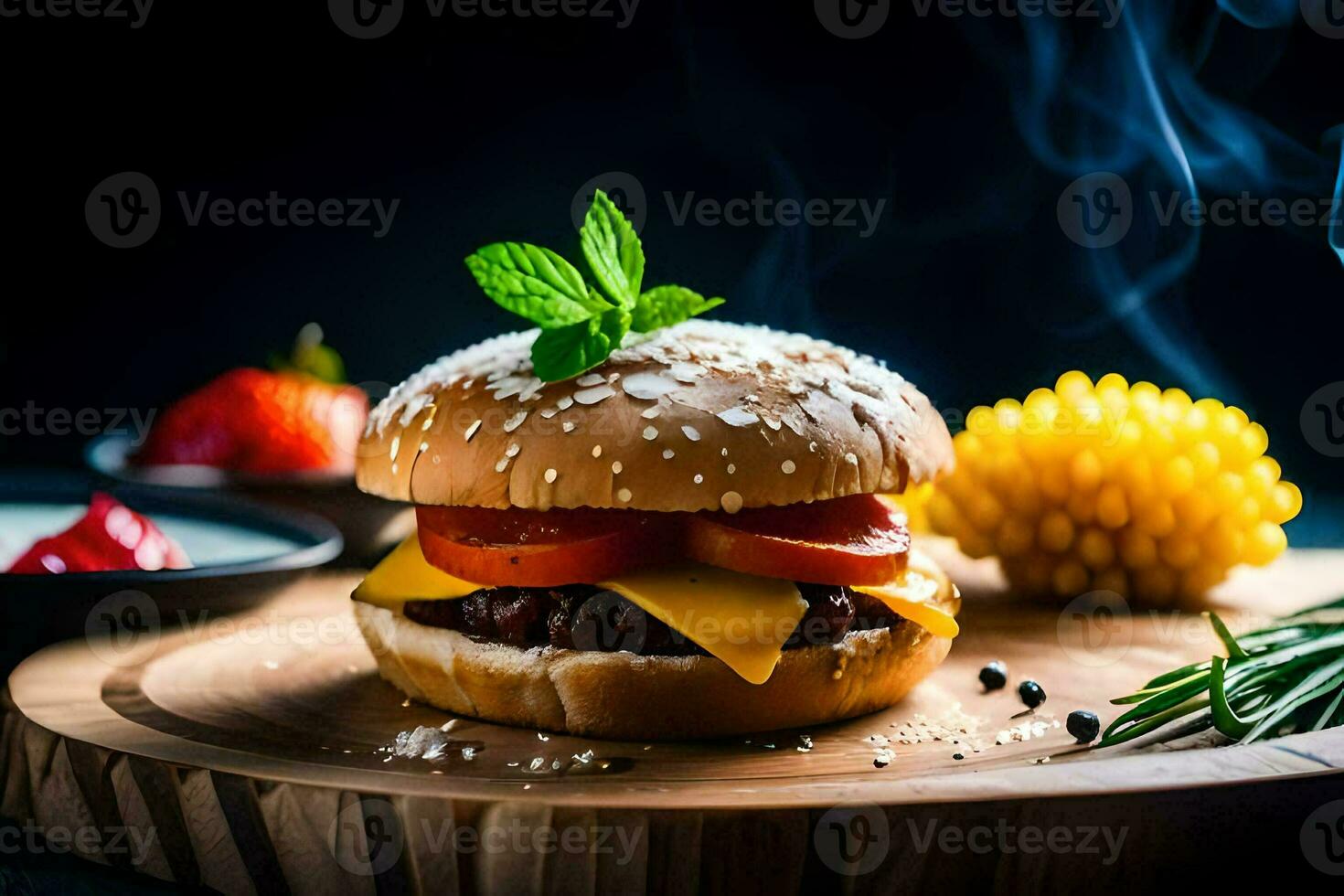 ein Hamburger mit Käse, Tomaten und Kräuter auf ein hölzern Schneiden Tafel. KI-generiert foto