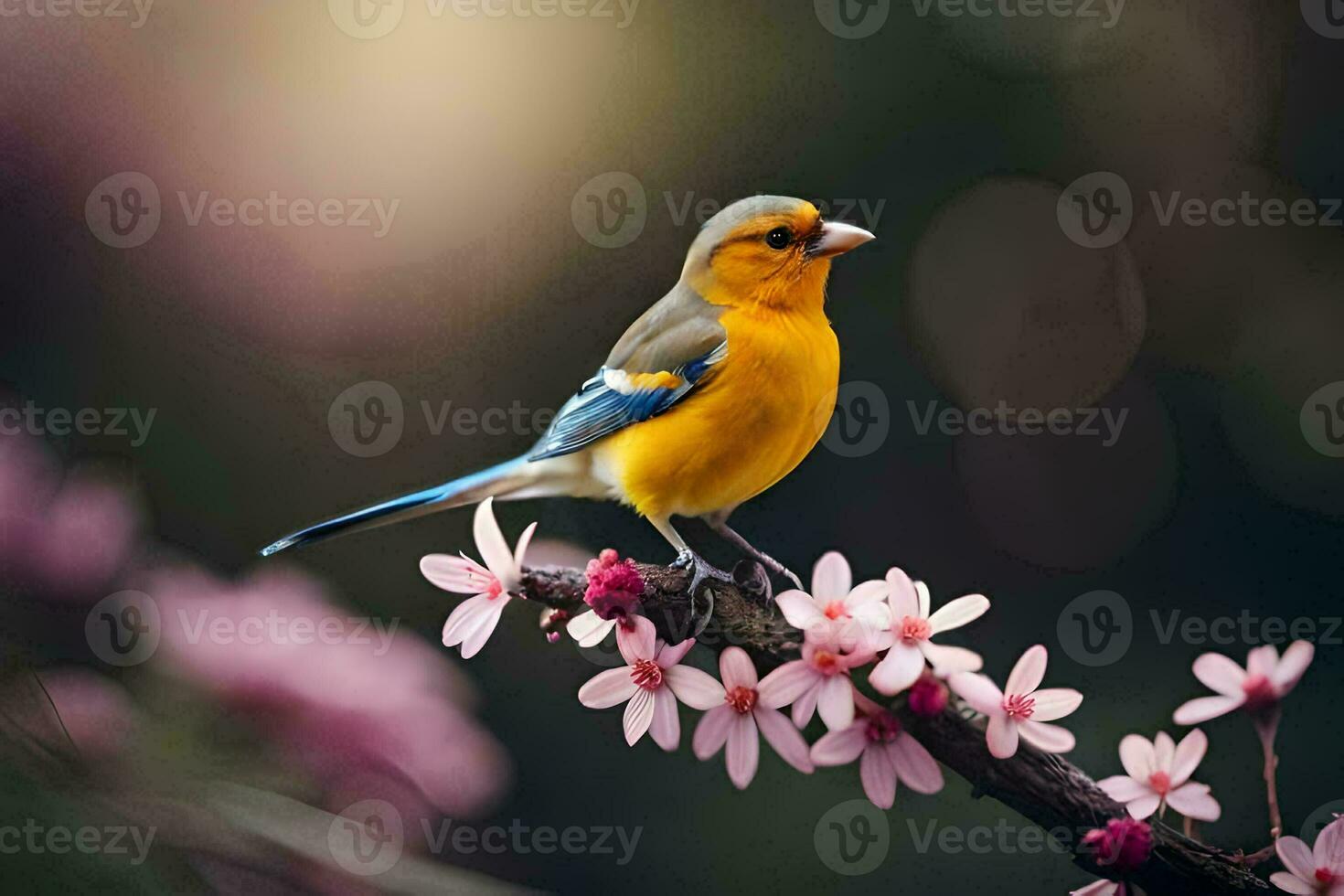 ein klein Vogel ist thront auf ein Ast mit Rosa Blumen. KI-generiert foto