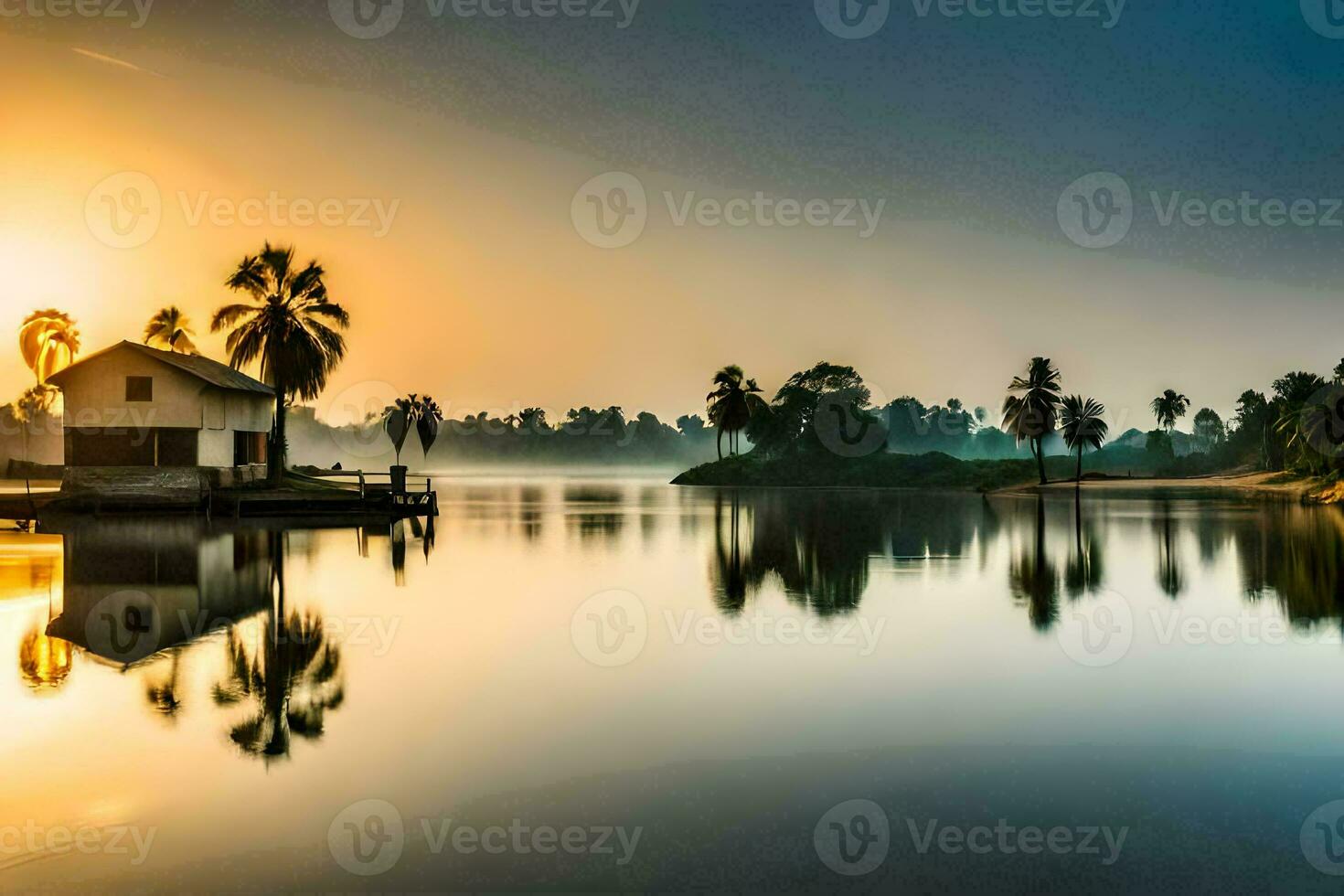 ein Haus auf das Wasser mit Palme Bäume im das Hintergrund. KI-generiert foto