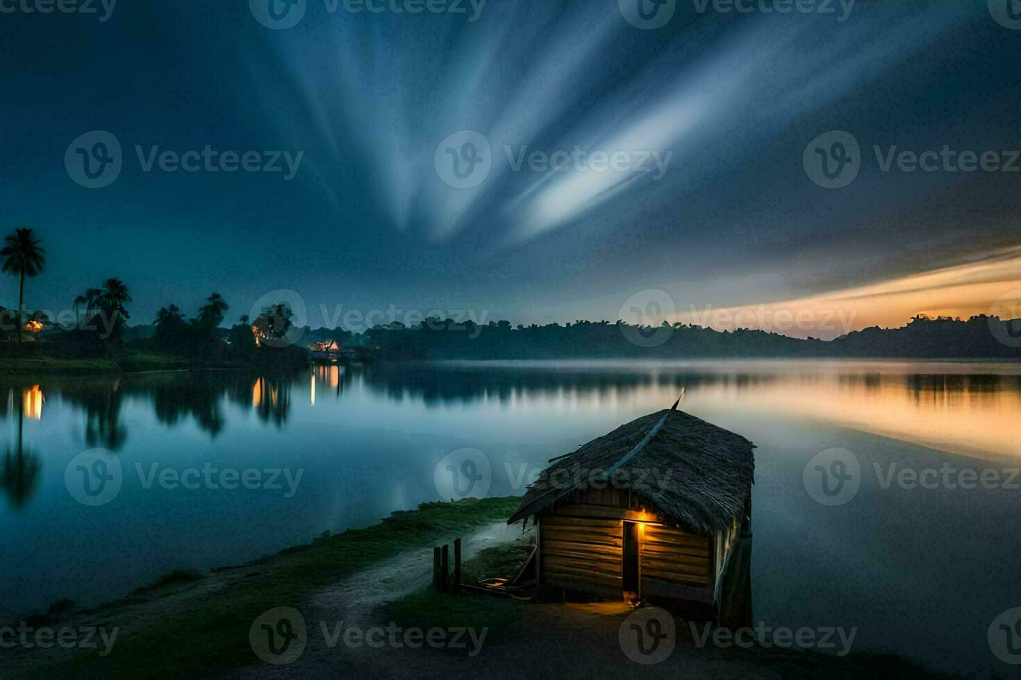 ein klein hölzern Hütte sitzt auf das Ufer von ein See beim Nacht. KI-generiert foto