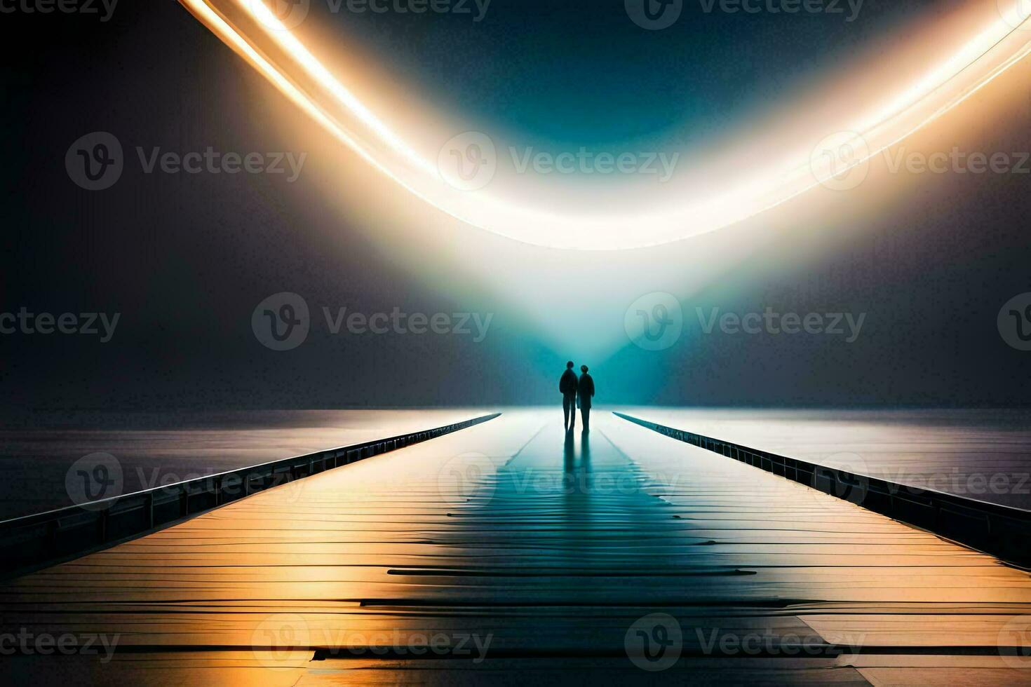 ein Mann Stehen auf ein Brücke beim Nacht mit ein Licht Pfad. KI-generiert foto