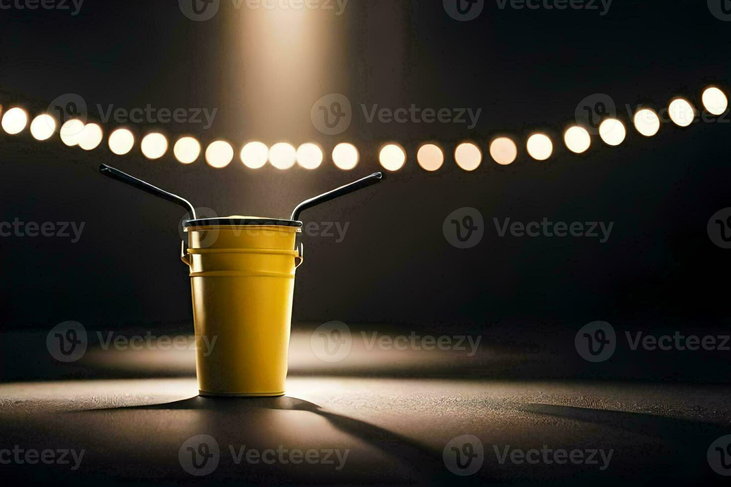 ein Gelb Tasse mit zwei Strohhalme auf ein dunkel Boden. KI-generiert foto