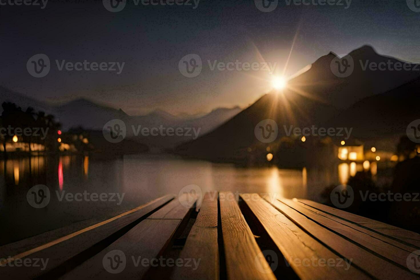 ein hölzern Dock mit Blick auf ein See beim Nacht. KI-generiert foto