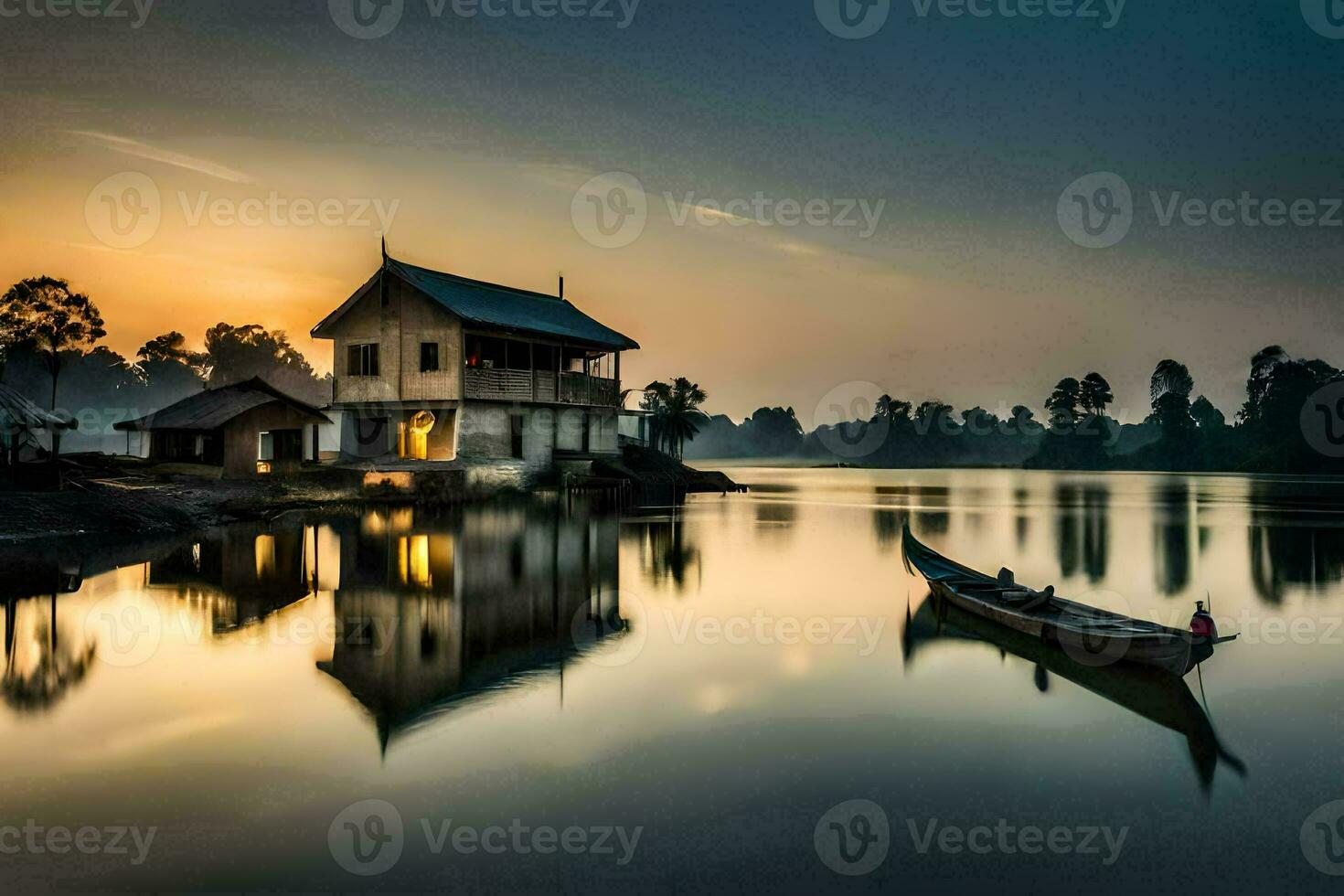 ein Boot ist Sitzung auf das Wasser im Vorderseite von ein Haus. KI-generiert foto