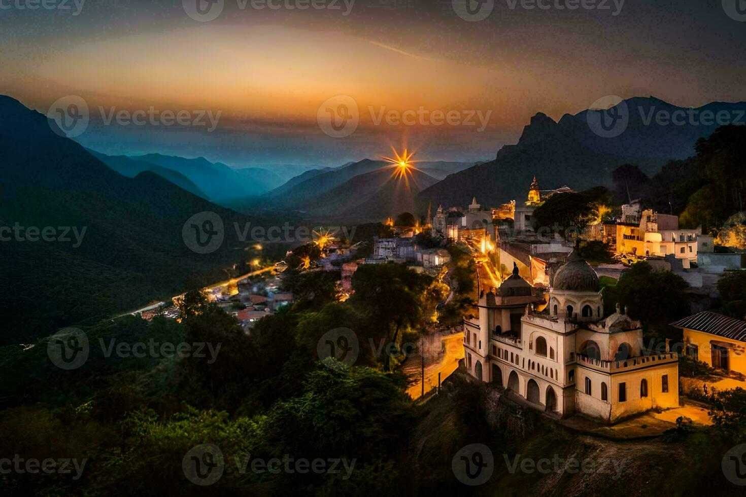 das Sonne setzt Über ein Dorf im das Berge. KI-generiert foto