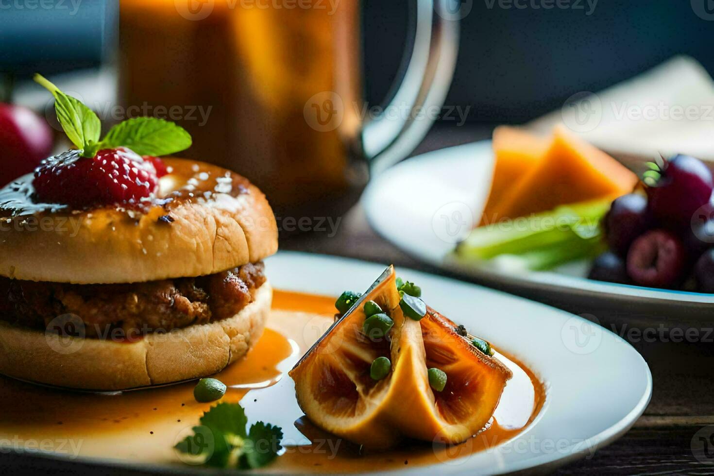 ein Teller mit ein Burger und Obst auf Es. KI-generiert foto