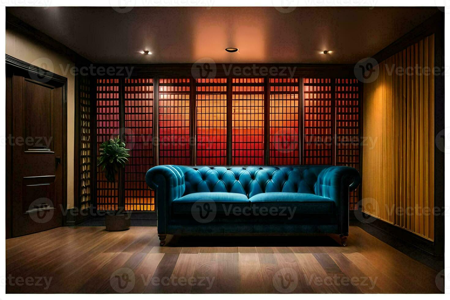 ein Blau Couch im ein Zimmer mit ein rot Mauer. KI-generiert foto