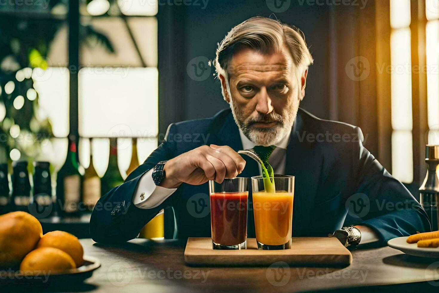 ein Mann im ein passen ist halten ein Glas von Saft. KI-generiert foto