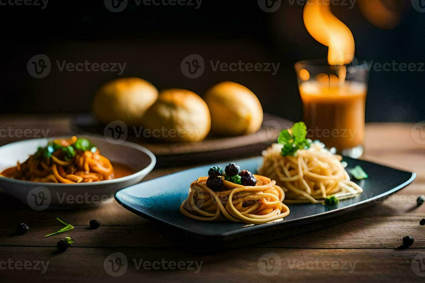 Spaghetti und Fleischklößchen auf ein Teller mit ein Glas von Wein. KI-generiert foto