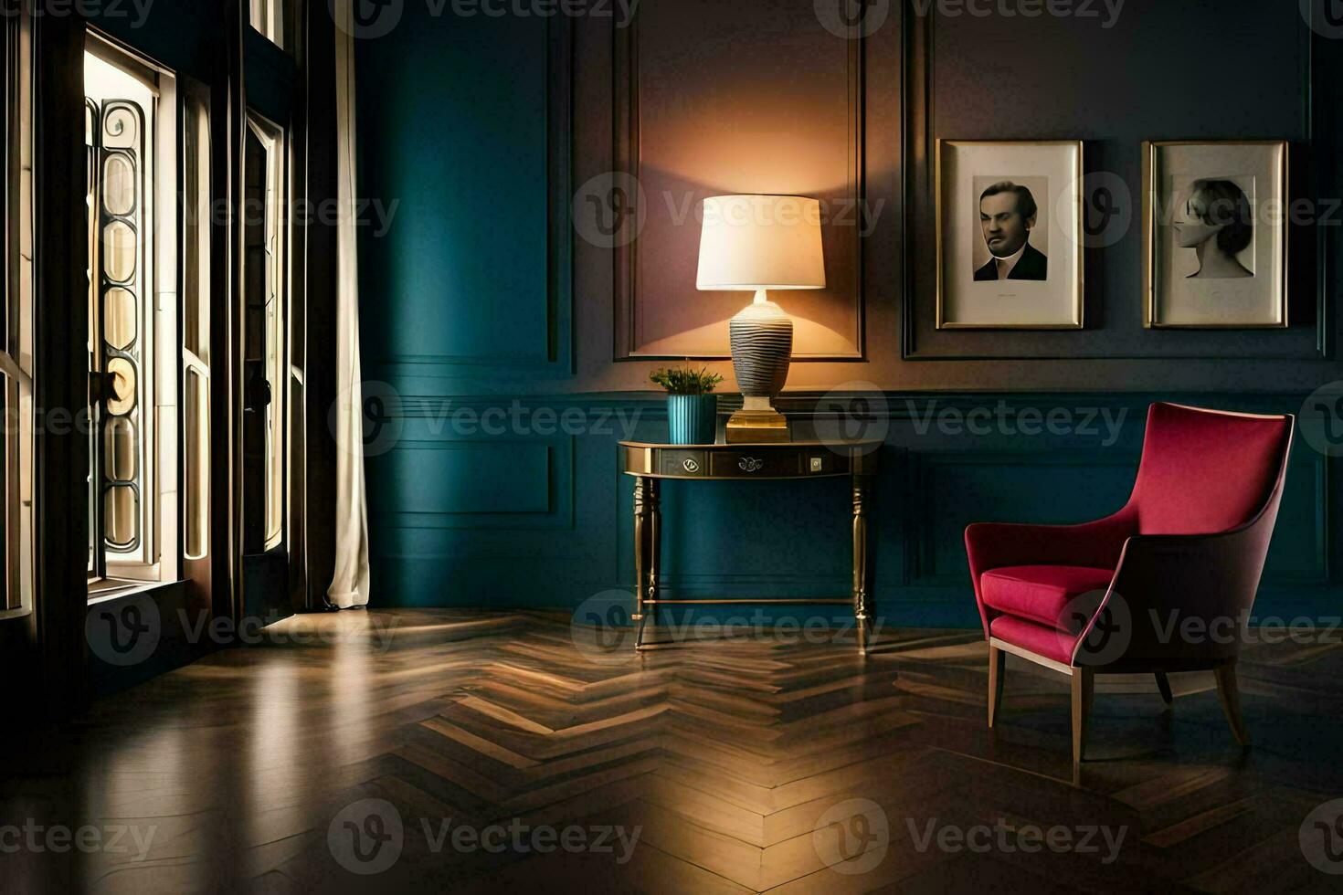 ein Zimmer mit Blau Wände und ein rot Stuhl. KI-generiert foto
