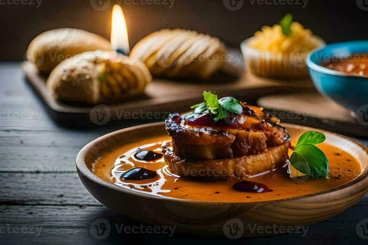 ein Schüssel von Suppe mit Fleisch und Brot auf ein Tisch. KI-generiert foto