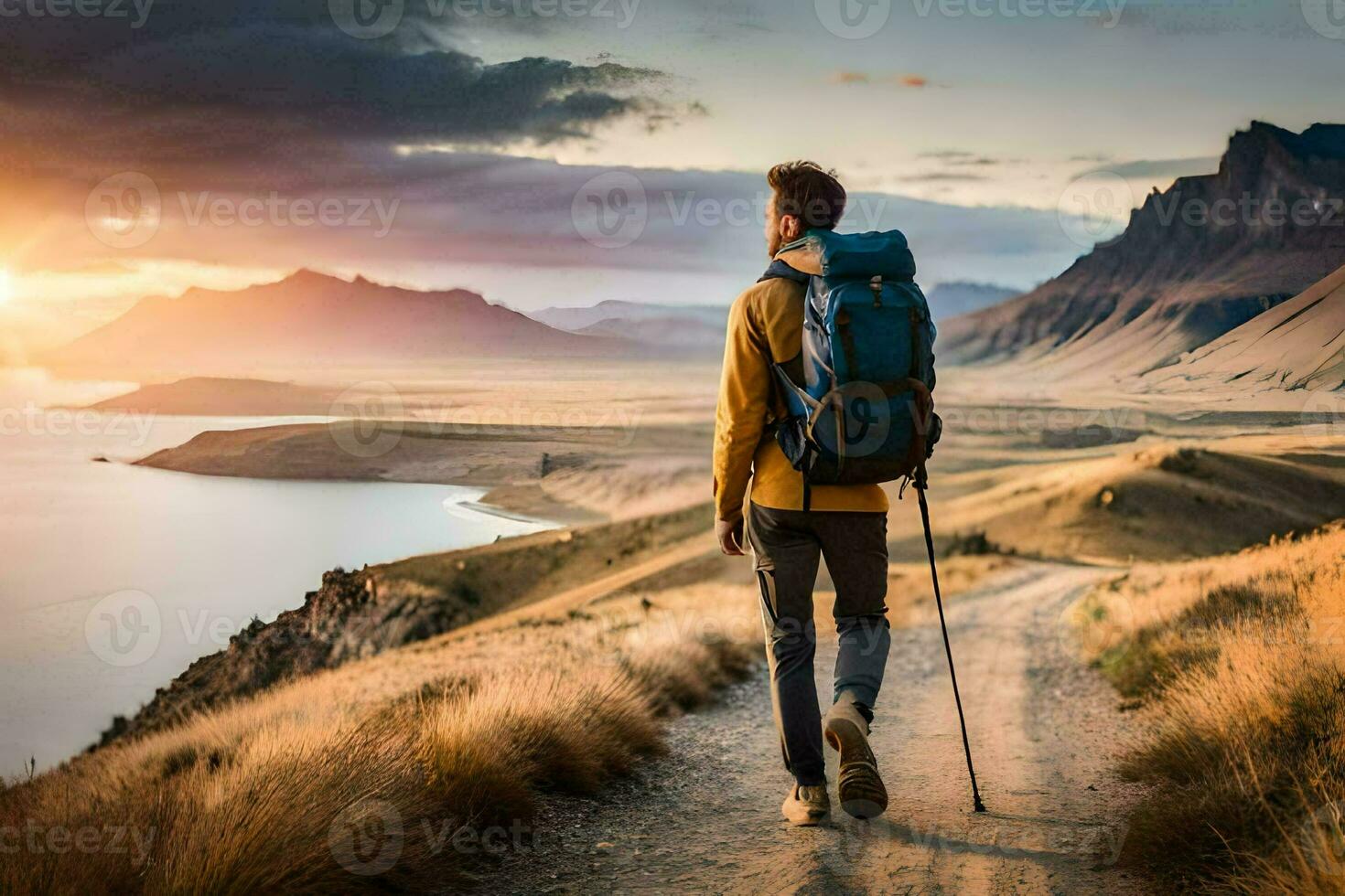 ein Mann mit ein Rucksack und Wanderung Stangen Spaziergänge entlang ein Pfad im das Berge. KI-generiert foto