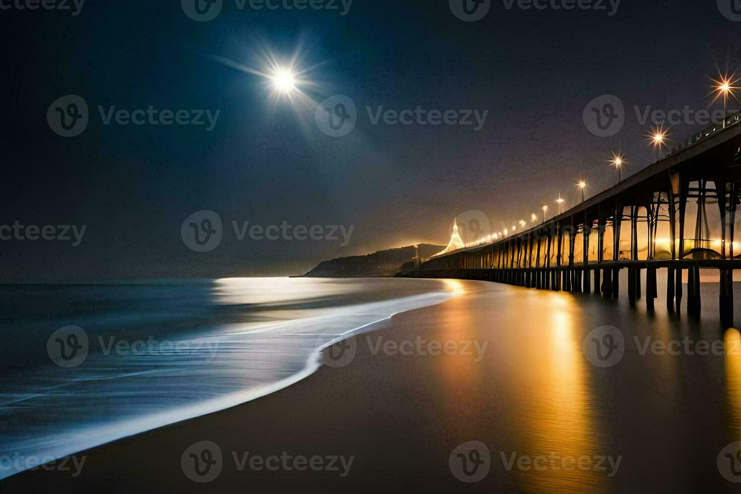 das Mond scheint hell Über das Ozean und Seebrücke beim Nacht. KI-generiert foto