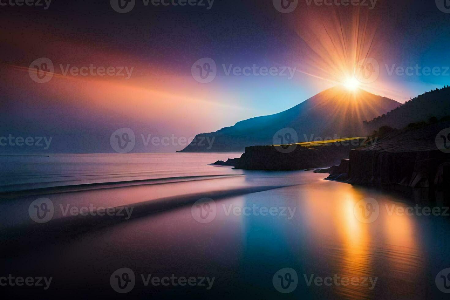 das Sonne scheint hell Über das Ozean und Berge. KI-generiert foto