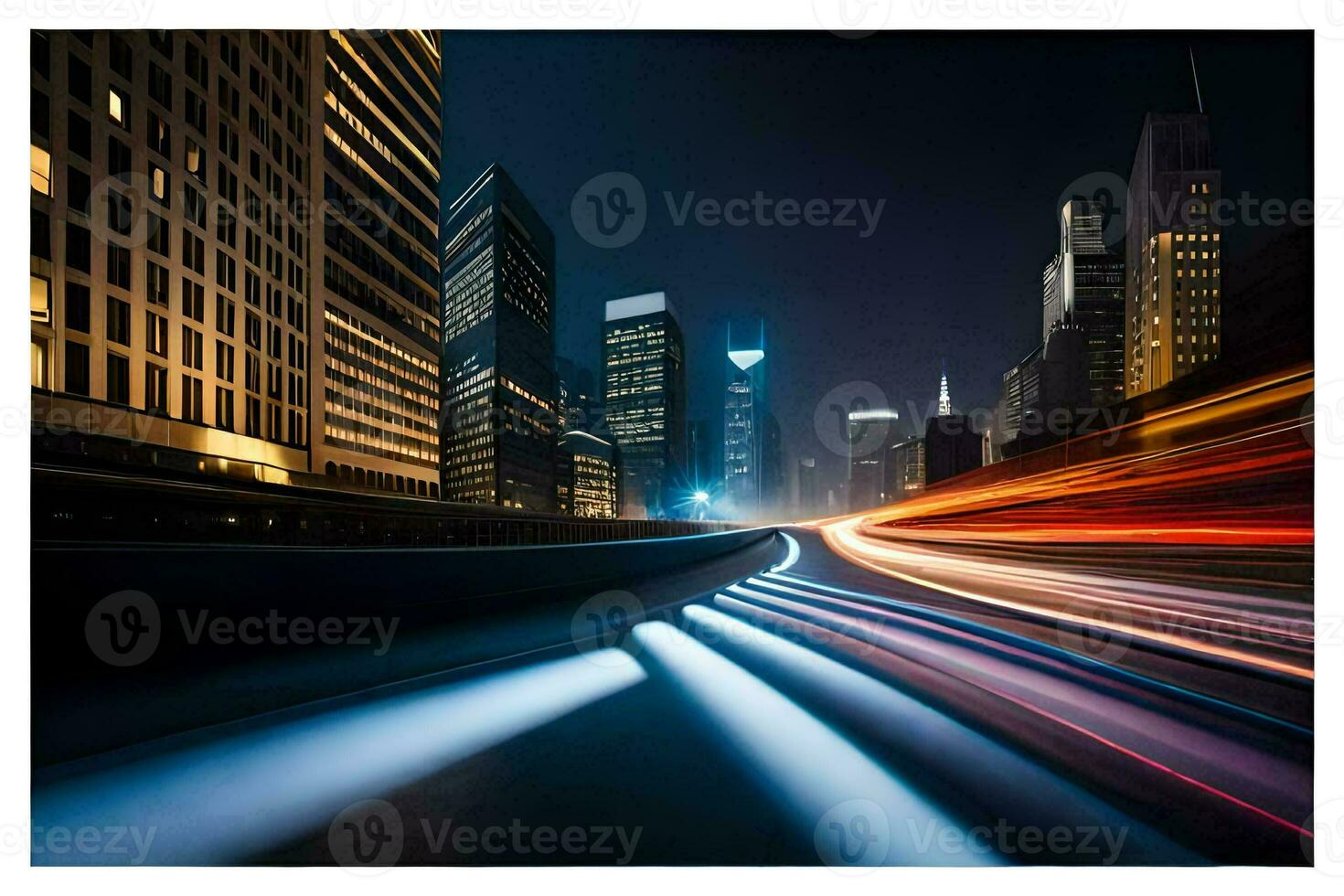 ein Stadt Straße beim Nacht mit Licht Wanderwege. KI-generiert foto