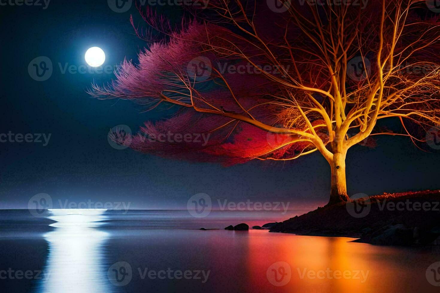 ein Baum mit rot Blätter und ein voll Mond im das Himmel. KI-generiert foto