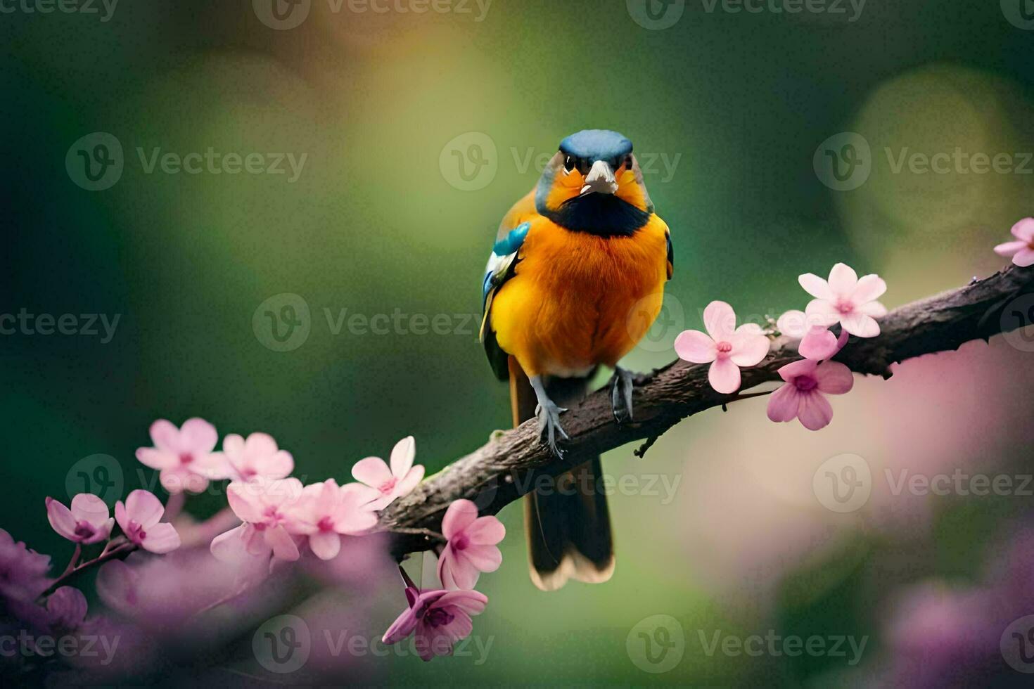 ein bunt Vogel sitzt auf ein Ast mit Rosa Blumen. KI-generiert foto