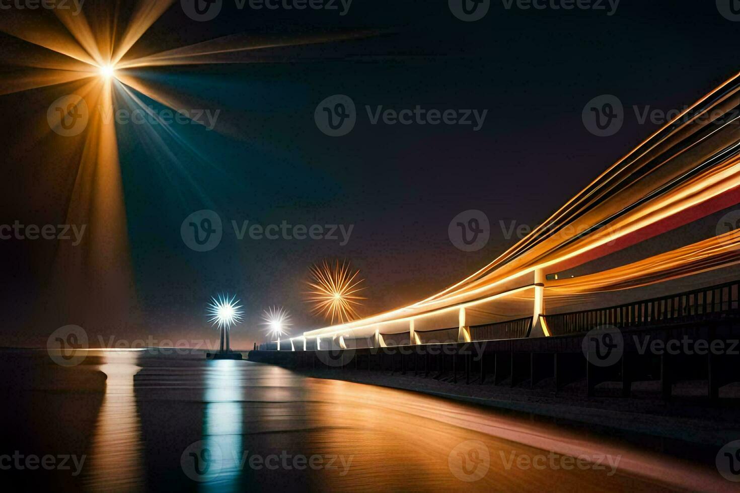 ein lange Exposition fotografieren von ein Seebrücke beim Nacht. KI-generiert foto