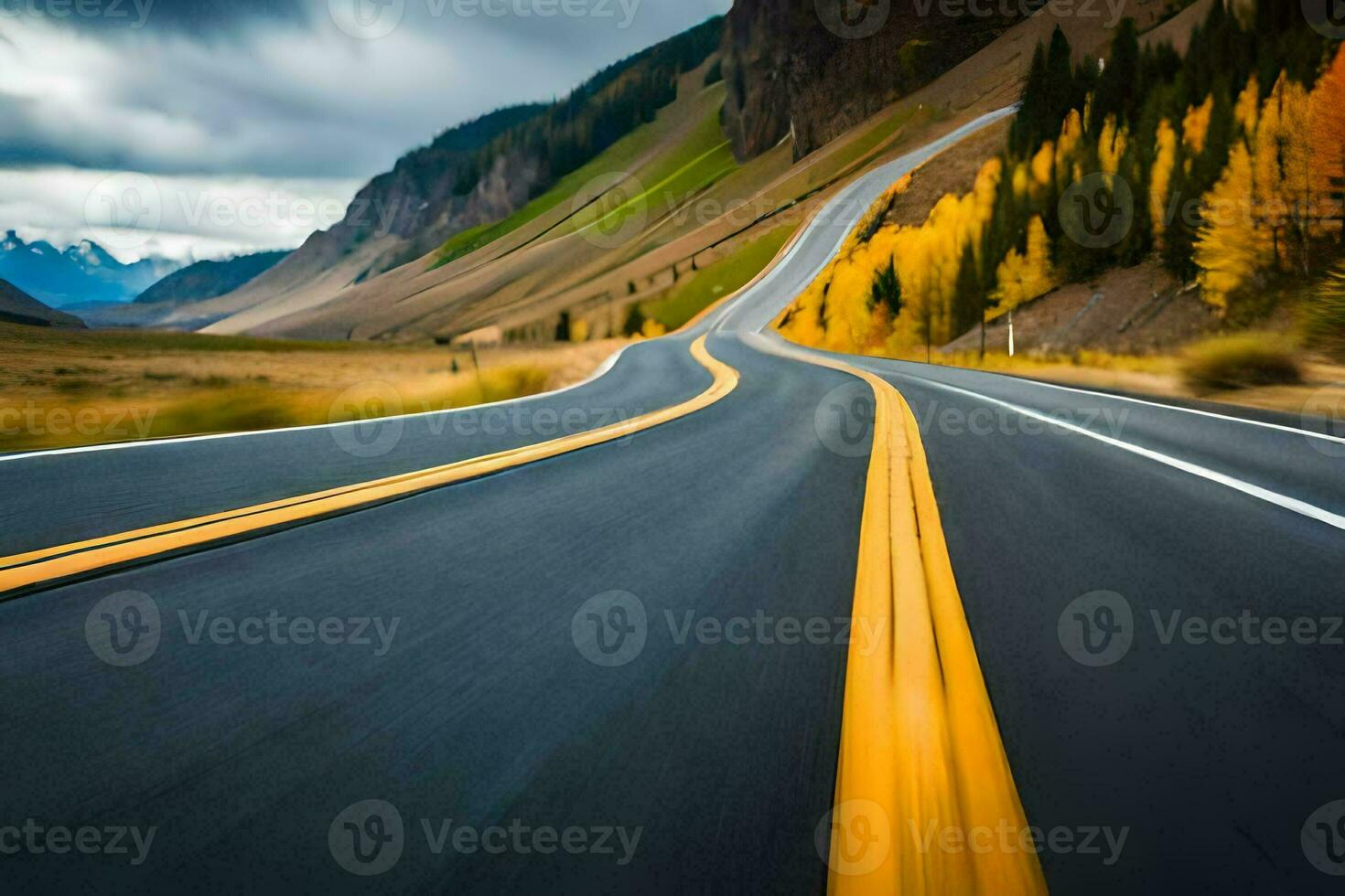 ein lang, leeren Straße mit Gelb und Orange Bäume. KI-generiert foto