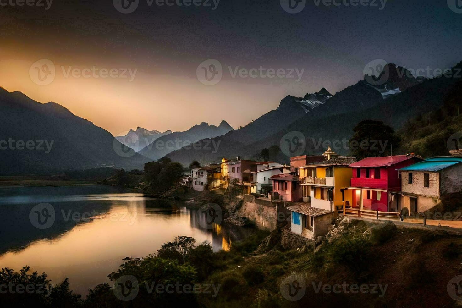 ein bunt Dorf sitzt auf das Ufer von ein See beim Sonnenuntergang. KI-generiert foto