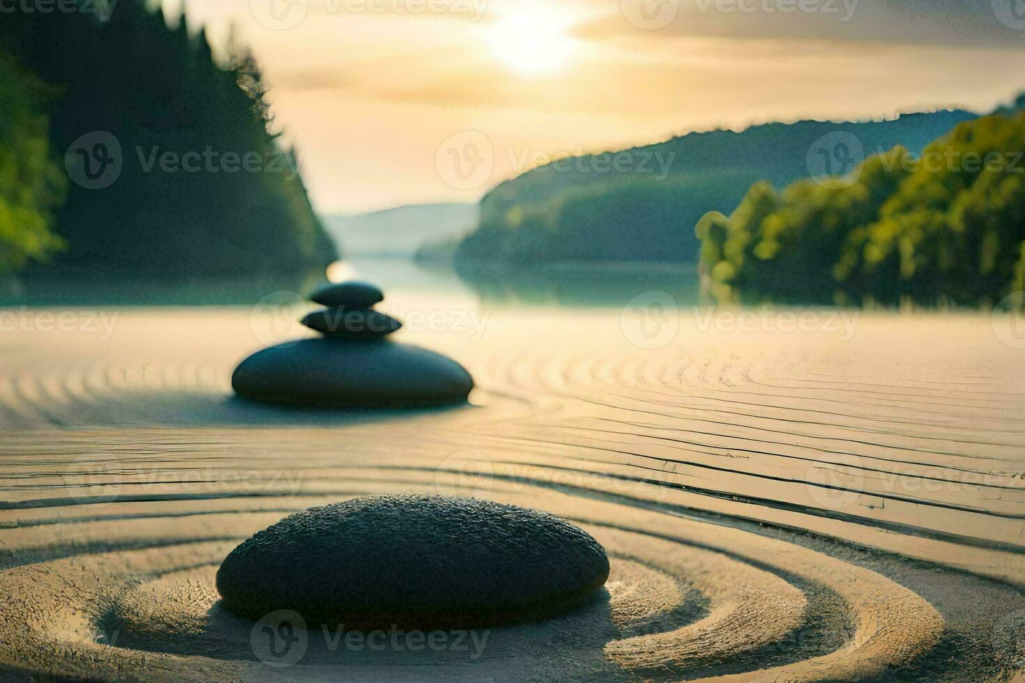 das Sonne ist Rahmen Über ein See und Steine im das Sand. KI-generiert foto