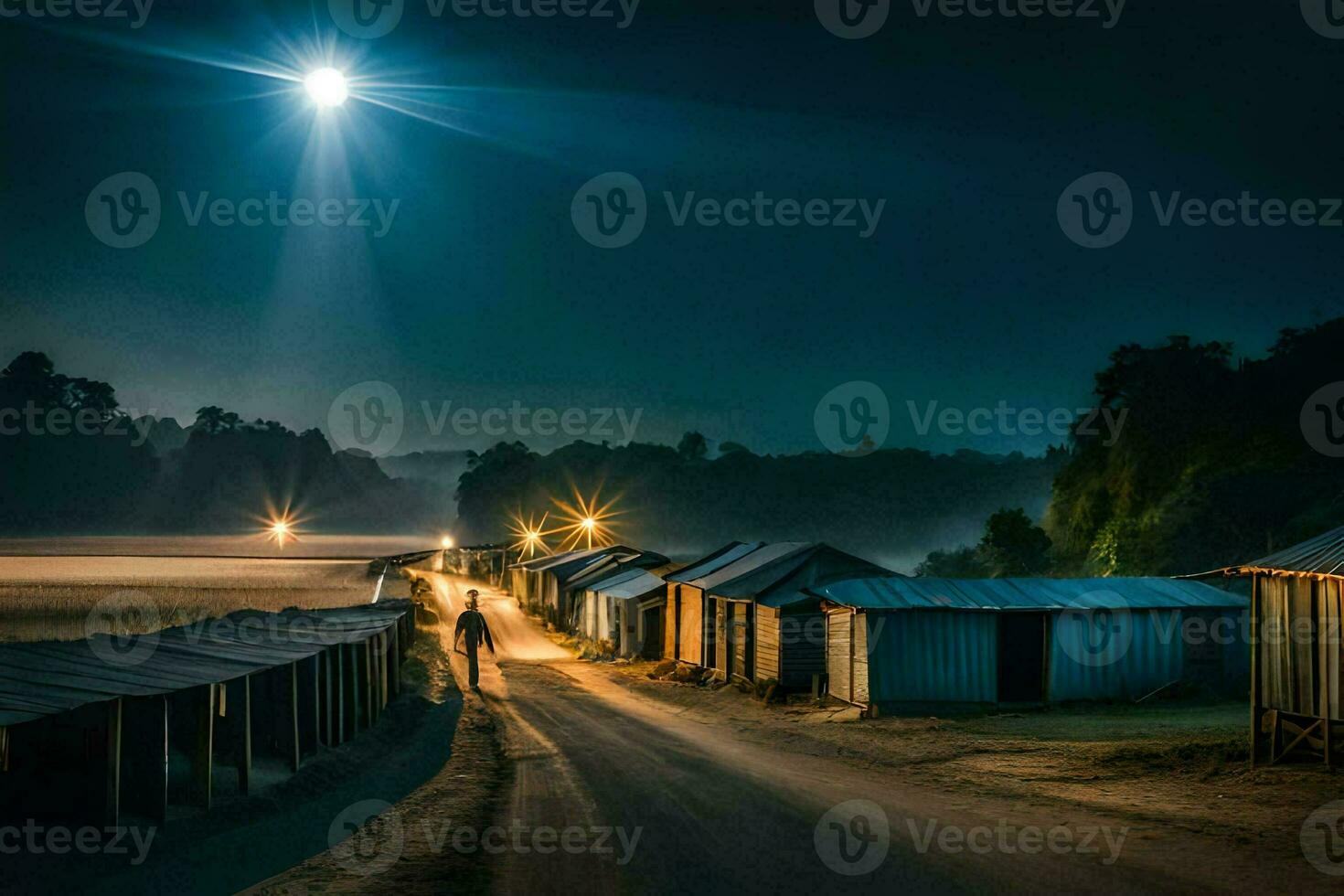 ein Mann Spaziergänge Nieder ein Schmutz Straße beim Nacht mit ein voll Mond leuchtenden über. KI-generiert foto