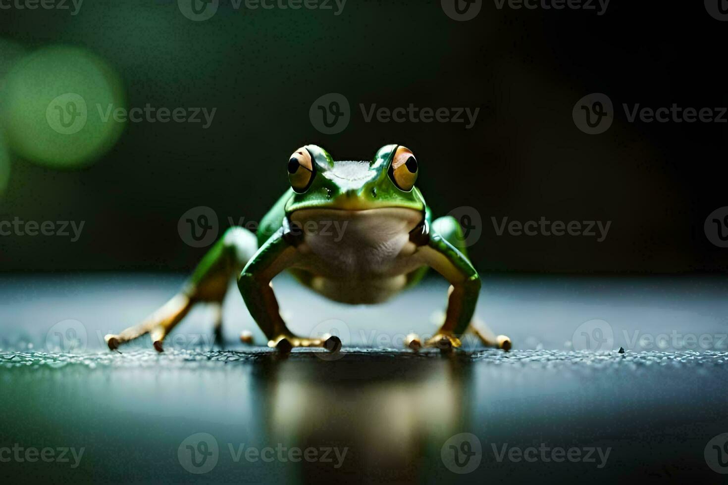 ein Frosch ist Stehen auf ein dunkel Oberfläche. KI-generiert foto