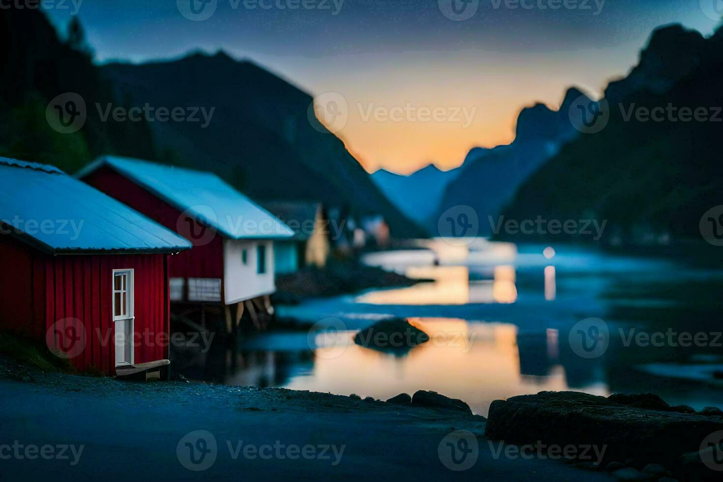 Foto Hintergrund das Himmel, Berge, Wasser, Häuser, das Meer, das Berge, Norwegen. KI-generiert