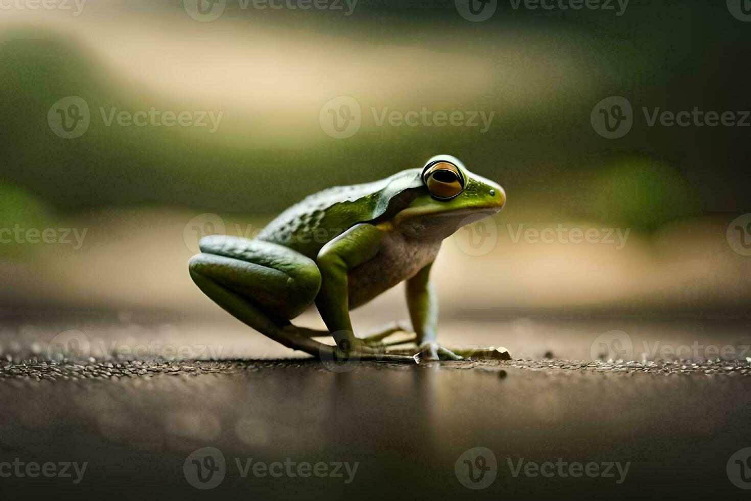 ein Frosch ist Sitzung auf das Boden im Vorderseite von ein verschwommen Hintergrund. KI-generiert foto