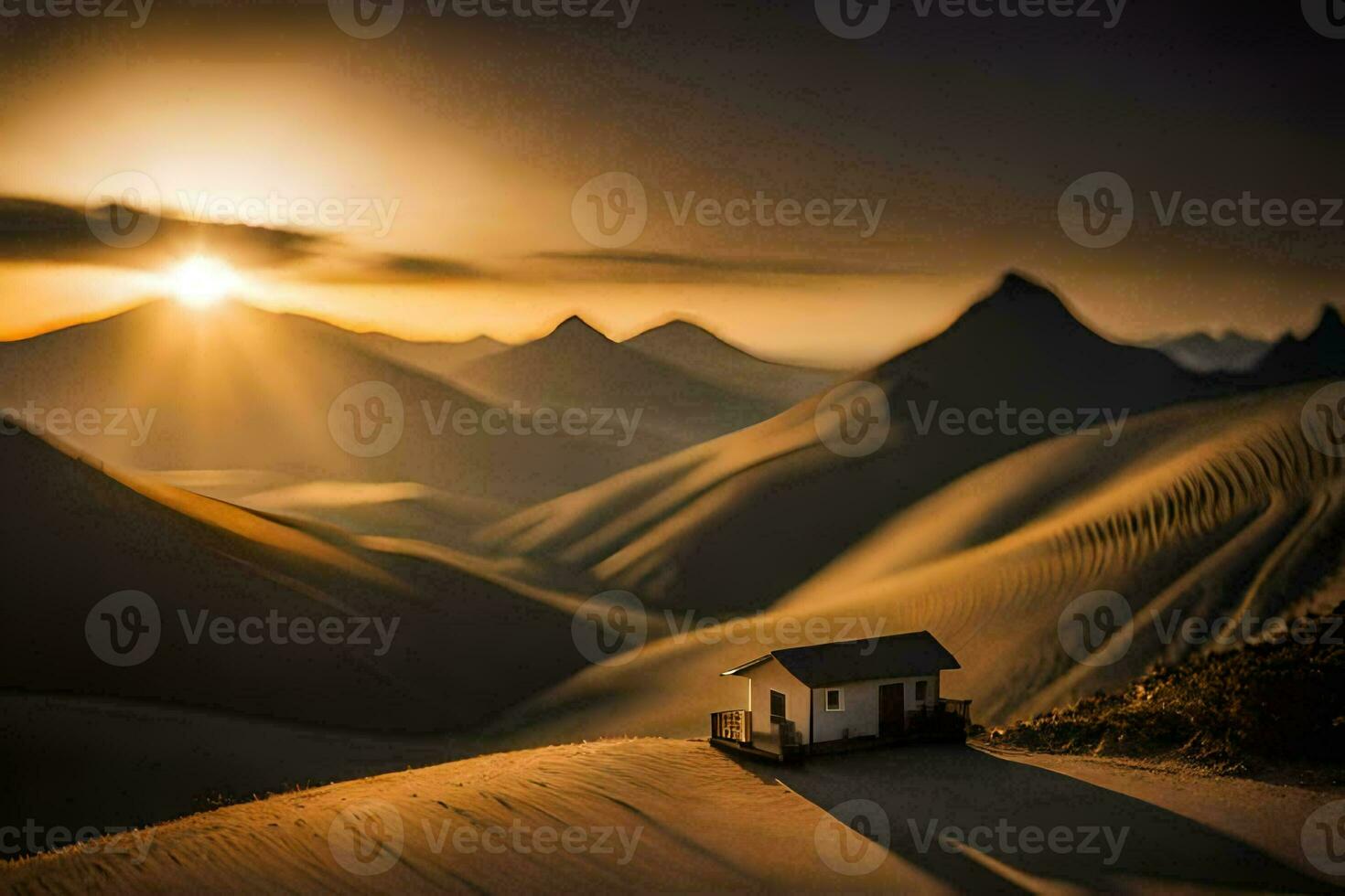 ein klein Haus sitzt im das Mitte von ein Wüste. KI-generiert foto