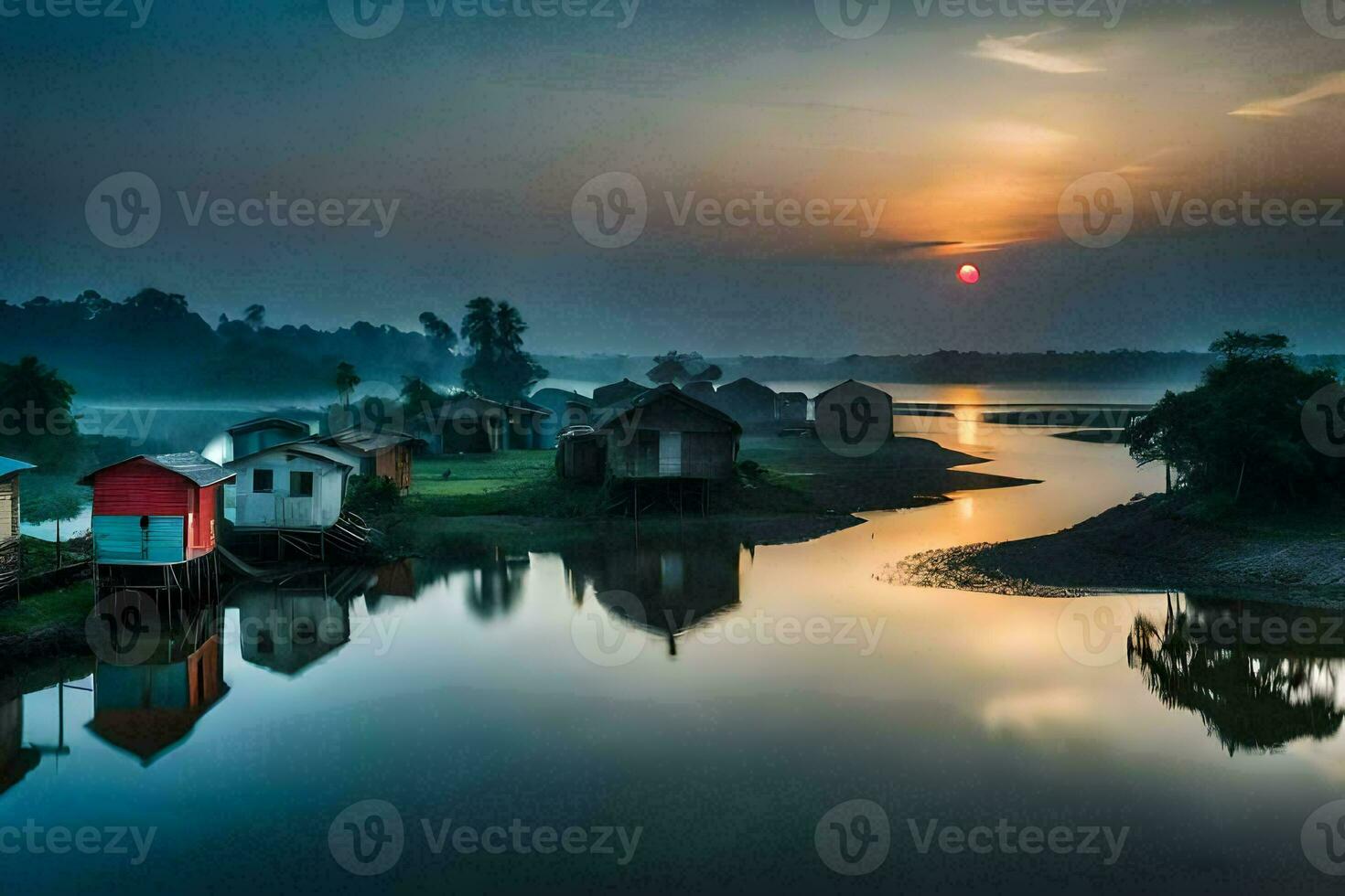 das Sonne steigt an Über ein Fluss und etwas klein Häuser. KI-generiert foto